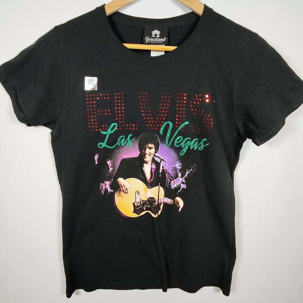 Graceland Women's Medium Elvis Presley‎ Las Vegas Sequin Black T-Shirt NWOT